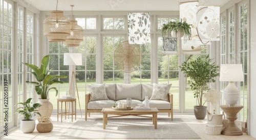 Bright sunroom with rattan furniture plants and lamps overlooking garden