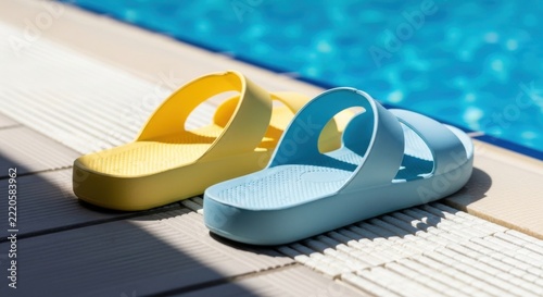 Bright yellow and blue sandals by a sparkling swimming pool on a sunny day summer footwear on poolside deck