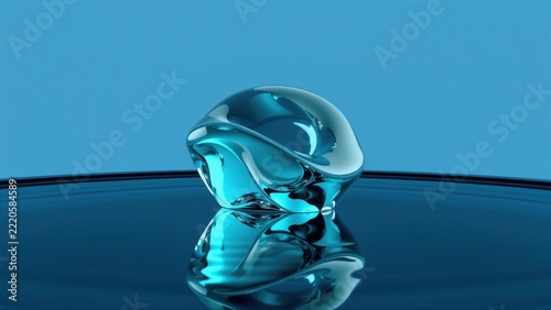 Water droplet rests upon reflective surface. Blue hues dominate composition, creating sleek visual impact. Minimalist aesthetic.