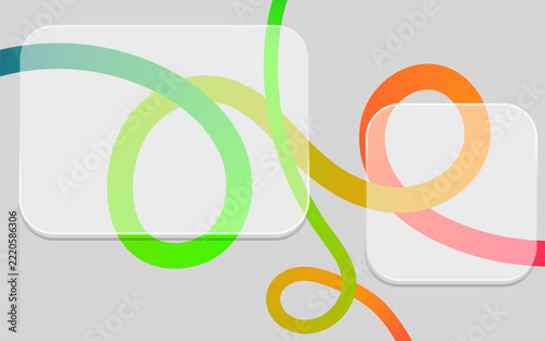 An abstract presentation of vibrant colorful ribbons and gracefully flowing lines positioned over clean white squares on a soft light gray backdrop forming a modern