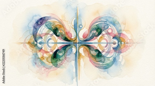 Balance Concept with Symmetrical Translucent Watercolor Forms, Minimalist Pure Watercolor Abstract Art
