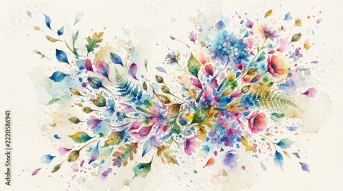 Botanical Forms Fragmented into Floating Watercolor Pieces, Abstract Botanical Pure Watercolor Art