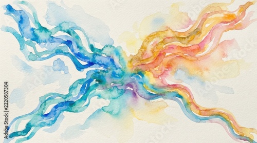 Connection Concept with Two Flowing Watercolor Streams Meeting, Abstract Pure Watercolor Art