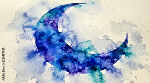 Crescent-shaped watercolor brush composition with bleeding edges, pure watercolor 