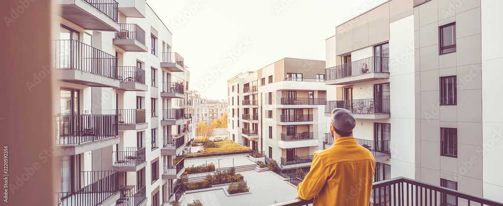 Fototapeta premium Man looking at modern apartment buildings from a high rise balcony, planning new home and urban lifestyle
