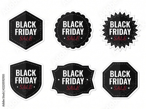 A collection of six distinctively shaped black badges and stickers featuring the text 'Black Friday Sale' in white and red lettering, isolated on a white background for promotional retail design.