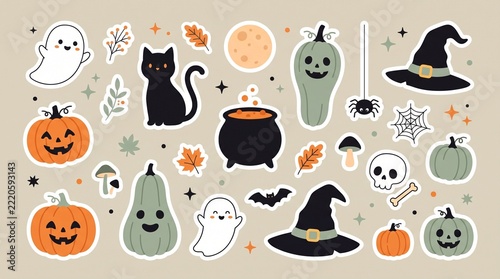 A festive collection of assorted cute Halloween-themed stickers featuring ghosts, black cats, pumpkins, witch hats, a cauldron, a spider, bat, skull, and autumn leaves on a light background