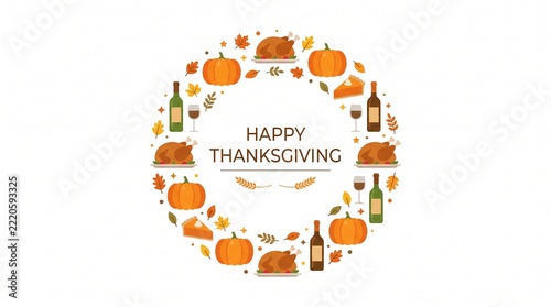 A festive Thanksgiving greeting card design featuring a circular wreath arrangement of roasted turkeys, pumpkins, wine bottles, and slices of pumpkin pie against a clean white background