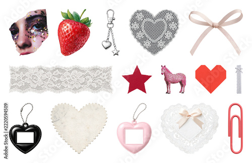 PNG Eclectic collage elements: hearts, lace, charms, and more, transparent background