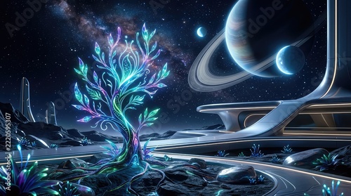 A surreal alien world where bioluminescent plants grow among sleek futuristic structures under a cosmic sky with multiple planets and moons, star, environment, nature