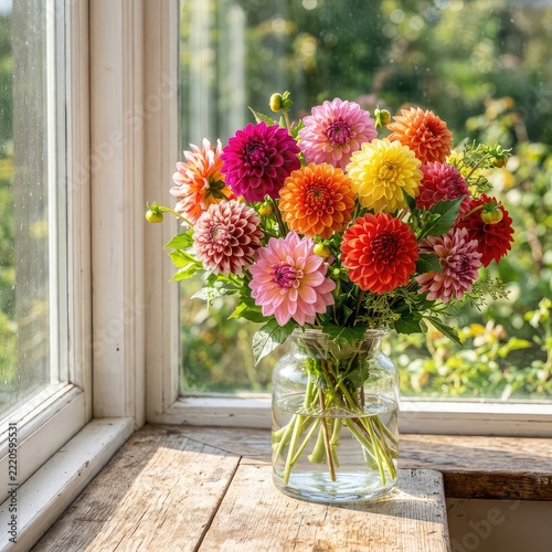 A vibrant bouquet of fresh dahlia flowers sits in a clear glass vase on a rustic windowsill, bathed in bright, natural sunlight filtering through, summer, vibrant colors, indoors
