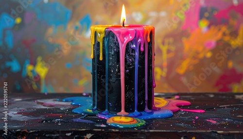 Lit black pillar candle with colorful melting wax drips