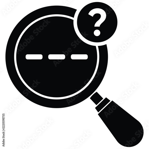 Black Magnifying Glass with Question Mark and Dashed Line Vector Icon for Search, Query, Investigation, and Mystery Concepts