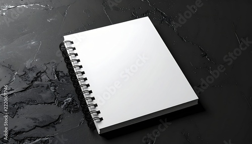 Blank white spiral sketchbook on dark black background, creative mockup