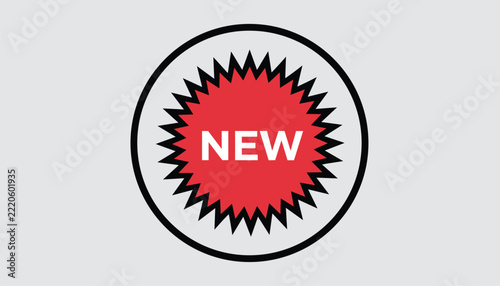 Bright red and white sticker with the word new inside a black circle frame for advertising and promotion.