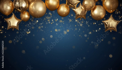 Gold metallic and star balloons with confetti floating on midnight blue background, party backdrop