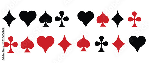 Playing card suit Silhouettes icon vector set, Hearts, Spades, Diamonds, Clubs design vector illustration.

