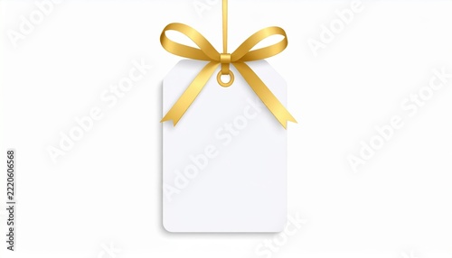 White rectangular gift tag with gold trim and ribbon