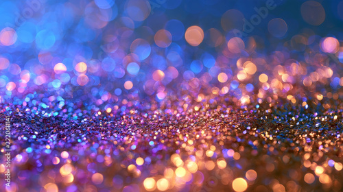 Abstract Blue Purple and Gold Glitter Bokeh Background with Sparkling Light Overlay