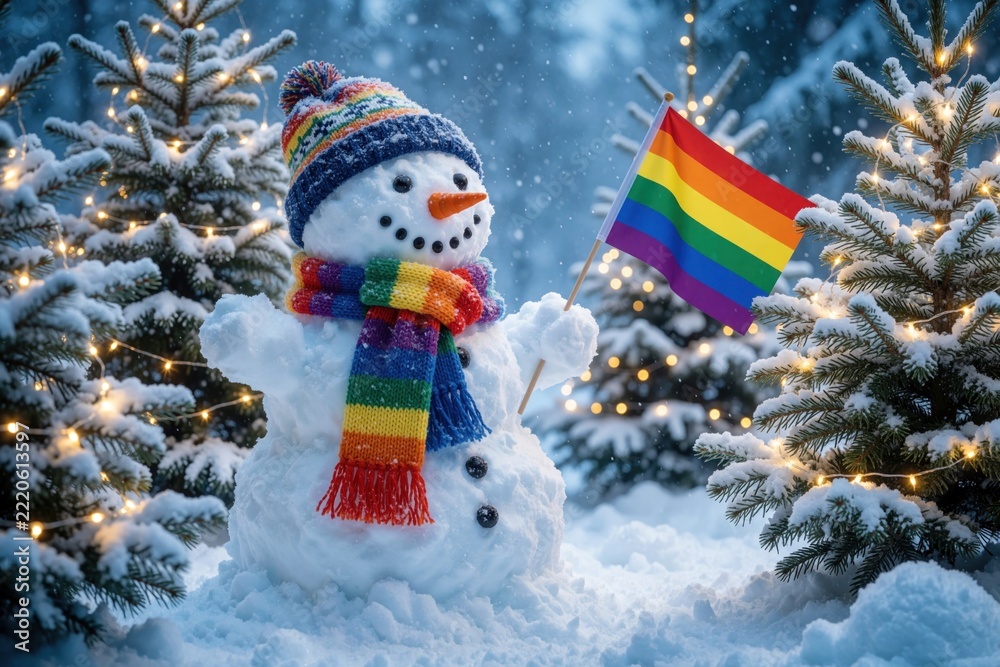 Naklejka premium Cute snowman with rainbow scarf holds Pride flag in snowy forest. Colorful LGBTQ flag stands near festive Christmas trees with twinkling lights. Winter holiday scene with queer pride theme, magic