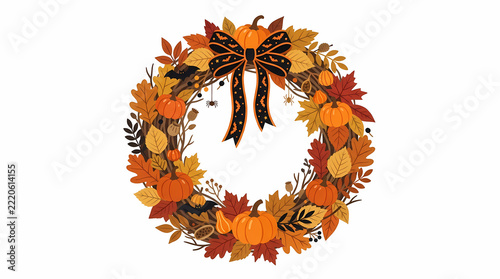 Halloween autumn wreath with colorful leaves, mini pumpkins, bat pattern ribbon bow, spiders and twigs, flat illustration for door decor and seasonal designs