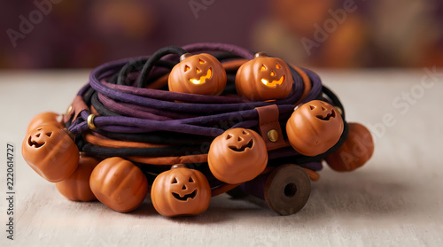Coiled string of glowing jack-o-lantern pumpkin fairy lights with purple and black cords on wooden spool, Halloween decoration close-up with copy space