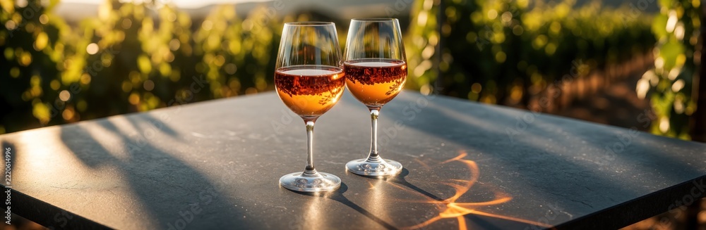 Fototapeta premium Two glasses of amber orange wine stand on grey table in vineyard. Golden hour sunlight creates long shadows, bright reflections. Beautiful autumn landscape with grape vines background offers copy