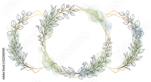 Set of luxury watercolor botanical frames featuring fine-line eucalyptus sketches and geometric gold-rimmed borders with translucent sage green washes, isolated on a clean white background.