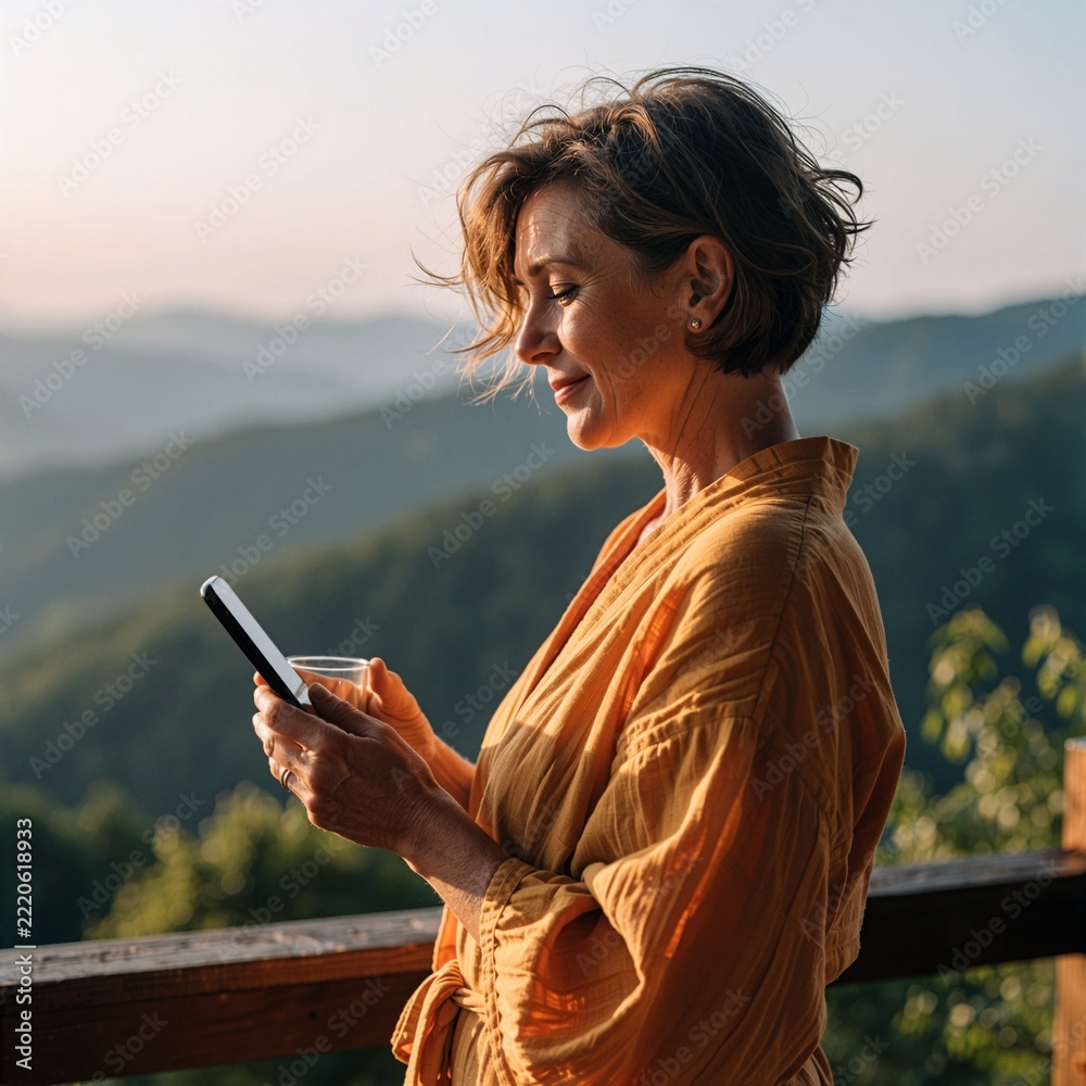 Naklejka premium Smiling Woman Using Smartphone at Sunset with Mountain View