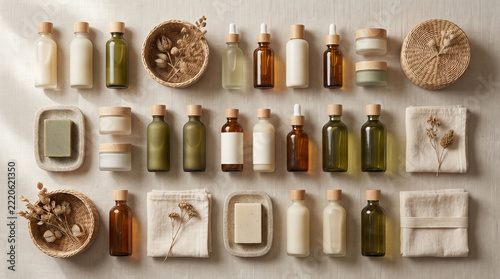 Organic skincare essentials in clean, minimalist arrangement, overhead product photography.