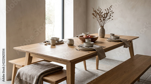 Minimalist solid oak dining table in a light-filled Scandinavian interior.
