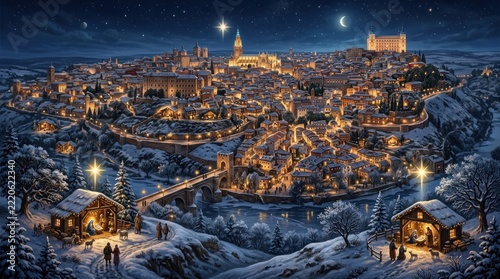 Enchanting Christmas Night Cityscape with Nativity Scene.
