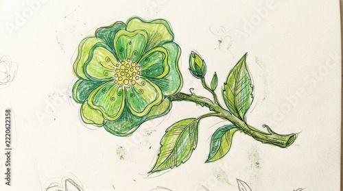 Hand Drawn Illustration of a Vibrant Green Flower with Leaves and Bud.