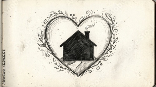Hand drawn pencil sketch of a house inside a heart shape with decorative floral elements.