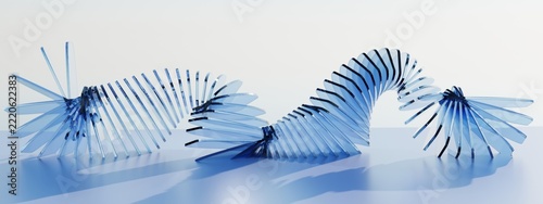 Curving 3D Blue Glass Slat Serpent Wave with Angled Translucent Louvers on Shiny Floor