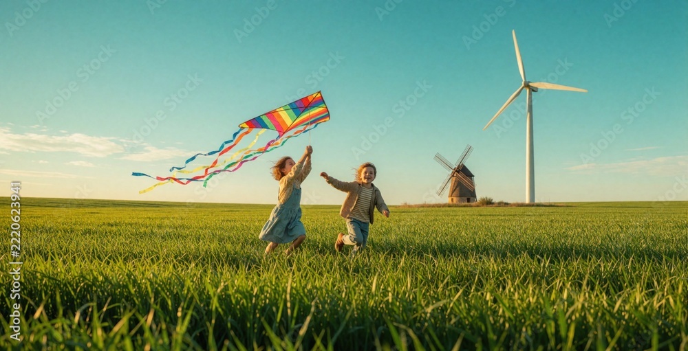 Naklejka premium Happy little girl flies colorful rainbow kite in green field. Two kids run, play near huge wind turbine, old windmill. Concept of clean renewable energy, sustainable future with happy children