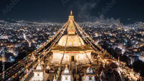 Aerial view of boudhanath stupa at night in kathmandu, nepal