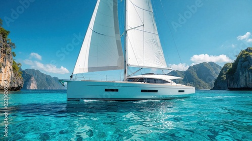 White modern monohull sailboat with full sails cruises on turquoise tropical ocean water. Luxury yacht sails near rocky island cliffs under bright blue sky. Summer vacation travel concept with clear