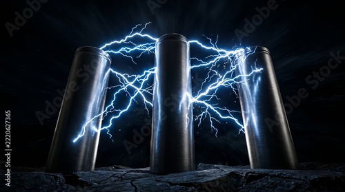 Electric lightning bolts discharge between three tall metal cylinders standing on dark rocky ground in a futuristic science laboratory setting