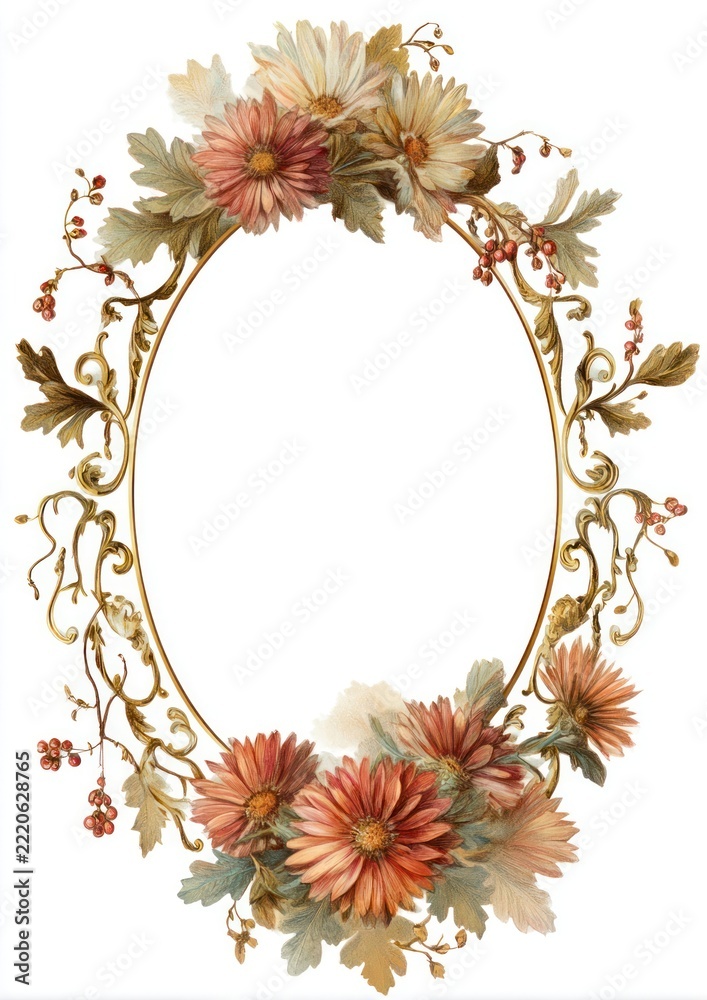 Fototapeta premium Vintage floral oval frame with autumn flowers.