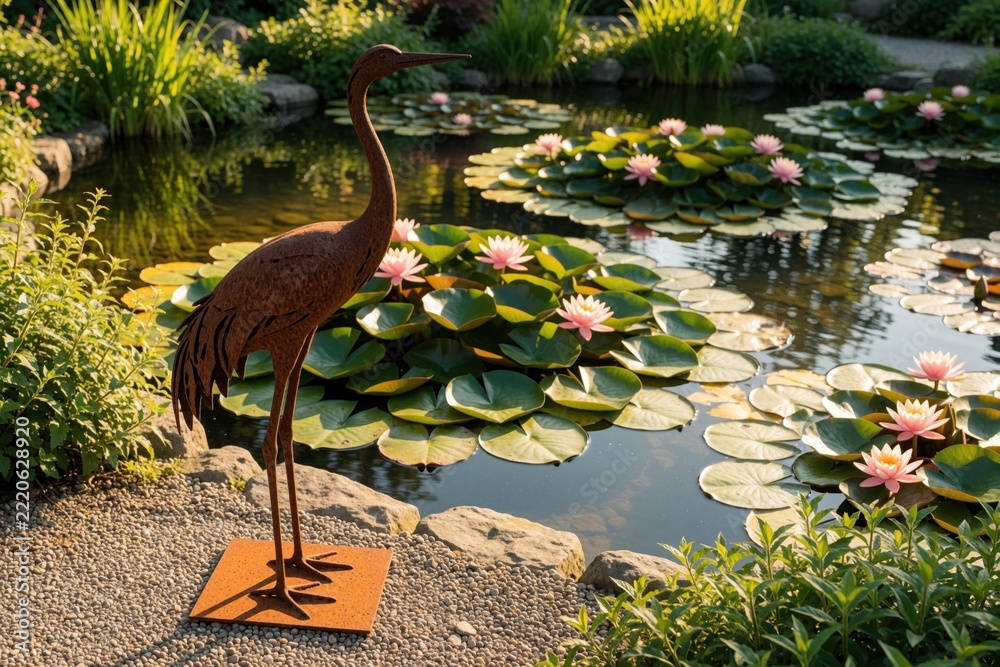 Naklejka premium Rusty metal crane sculpture stands near garden pond with pink water lilies. Artistic bird statue decorates landscape with green plants, calm water. Outdoor metal art piece sits on gravel path beside