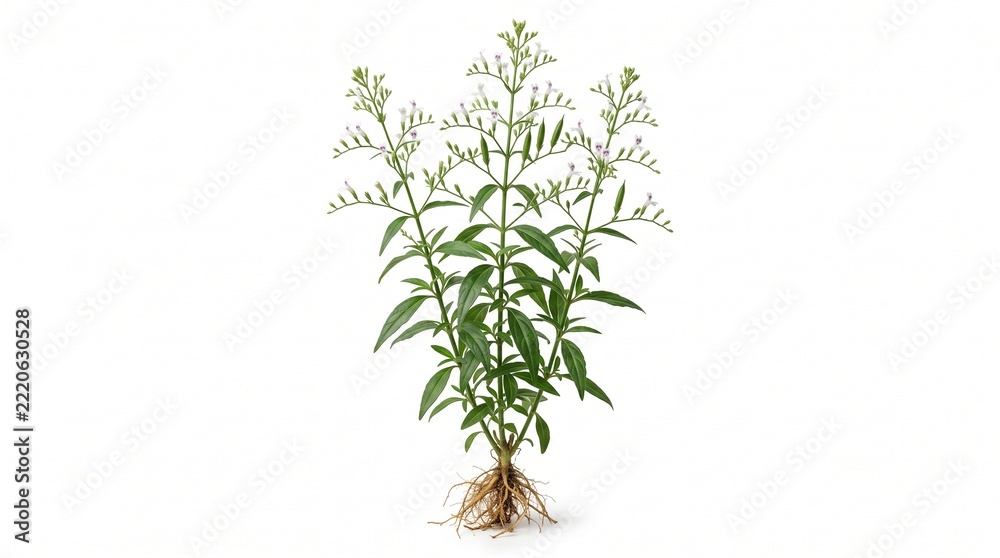 Naklejka premium Kalmegh Andrographis Paniculata Whole Medicinal Plant with White Flowers, Ayurvedic Medicine Herb Isolated on White Background