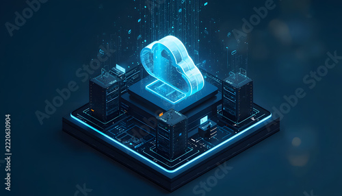 3D Concept of Cloud Computing and Glowing Blue Data Servers
