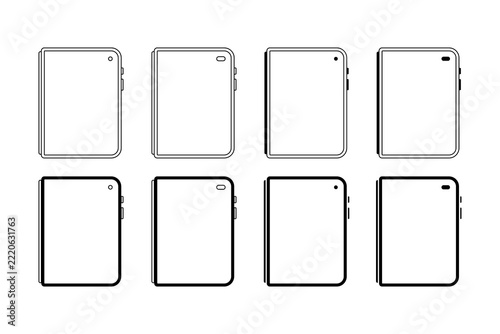 Foldable Smartphone Mockup Vector Illustration Set. Outline Fold Mobile Screen Template