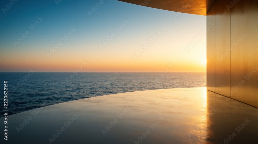 Fototapeta premium Modern luxury villa terrace overlooks calm blue ocean at sunset. Golden sun shines over sea horizon from minimal architecture balcony. Peaceful seascape view with warm sunlight, empty terrace