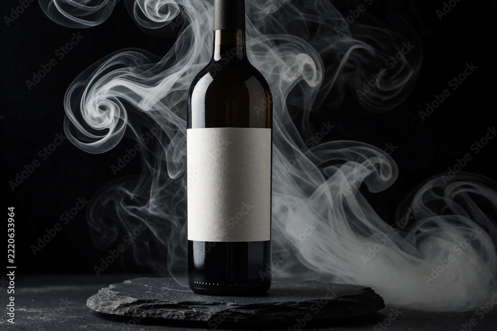 Fototapeta premium Elegant dark wine bottle with blank white label sits on stone slate. Swirling white smoke creates moody atmosphere around glass. Premium alcohol product mockup for luxury branding winery