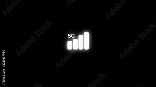 5G Mobile phone signal strength bar icon animation, signal animation on black background in 4k.