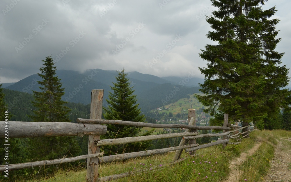 Fototapeta premium Wooden fence along a dirt trail in the mountain countryside with pine trees and cloudy sky