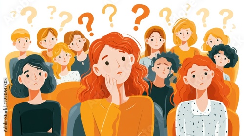 Group of confused people surrounded by question marks, representing uncertainty, doubt, decision making, questions and problem solving