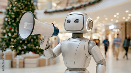 Futuristic AI Shopping Assistant Announcing Holiday Promotions in a Decorated Retail Center